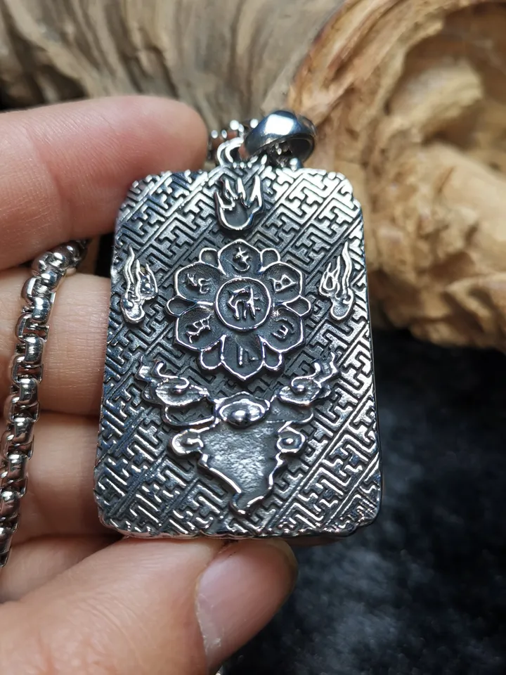 Gandhanra Handmade Titanium Steel Amulet Tag Necklace,Chenrezig,Padmapani,Avalokitesvara, Tibetan Buddhist Jewelry,Protection Necklace
