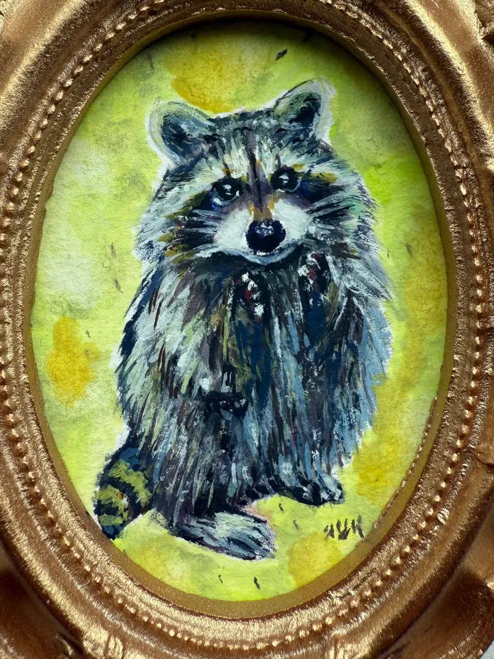 Raccoon Painting Original Small Framed Animals Gouache Painting Cute Wildlife Art Oval Frame
