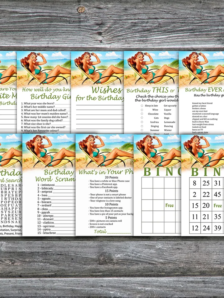 Pin up themed Birthday Party Games bundle,Adult birthday games package,Printable Birthday Games,INSTANT DOWNLOAD
