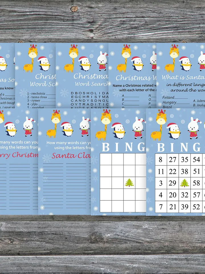 Christmas party games bundle,Printable Christmas Party Game Pack,Winter animals Christmas Trivia Game Cards