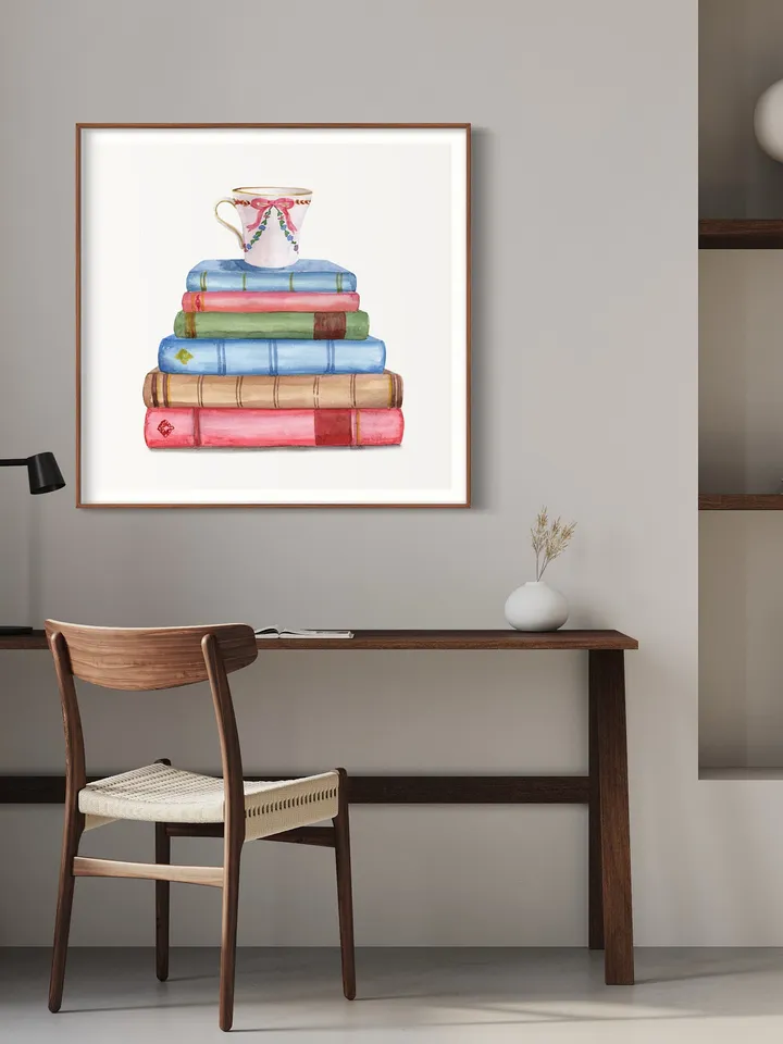 Vintage Book Art Print, Watercolor Painting Poster, Vintage Book Art, Watercolor Book Art, Home Office Wall Art, Stack Of Books, Library Art
