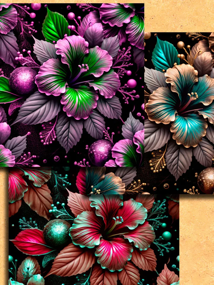 bright flowers hibiscus 18 pieces of patterns for printing on fabric, paper. Digital paper for creativity.