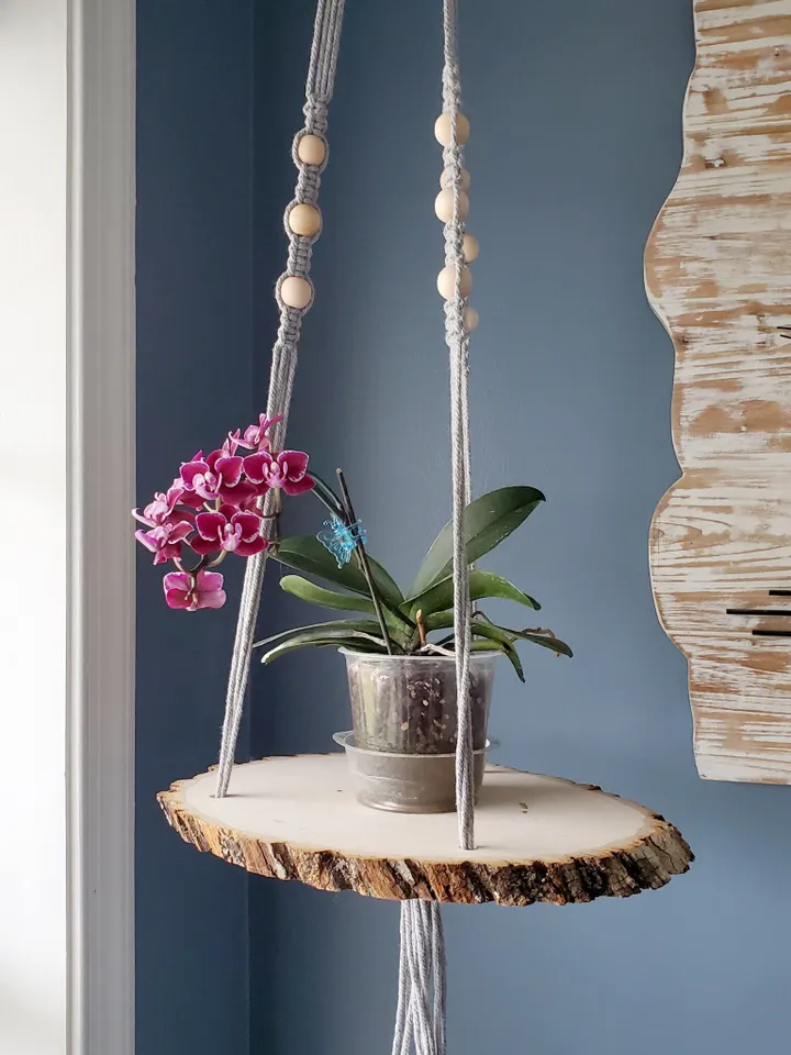 Macrame Plant Hanger with Live Edge Wood Shelf Boho Home Decor Plant Pot Holder Unique Housewarming Gift