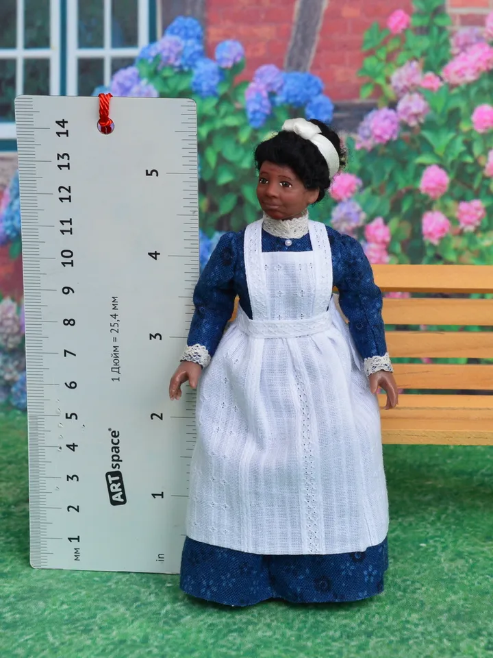 Miniature doll in 1/12 scale.  Nanny doll for the dollhouse.