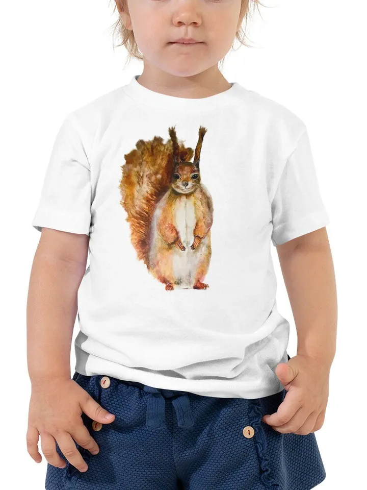 Squirrel Toddler Short Sleeve Tee ,made with my original squirrel watercolor painting,unique handmade gift for children