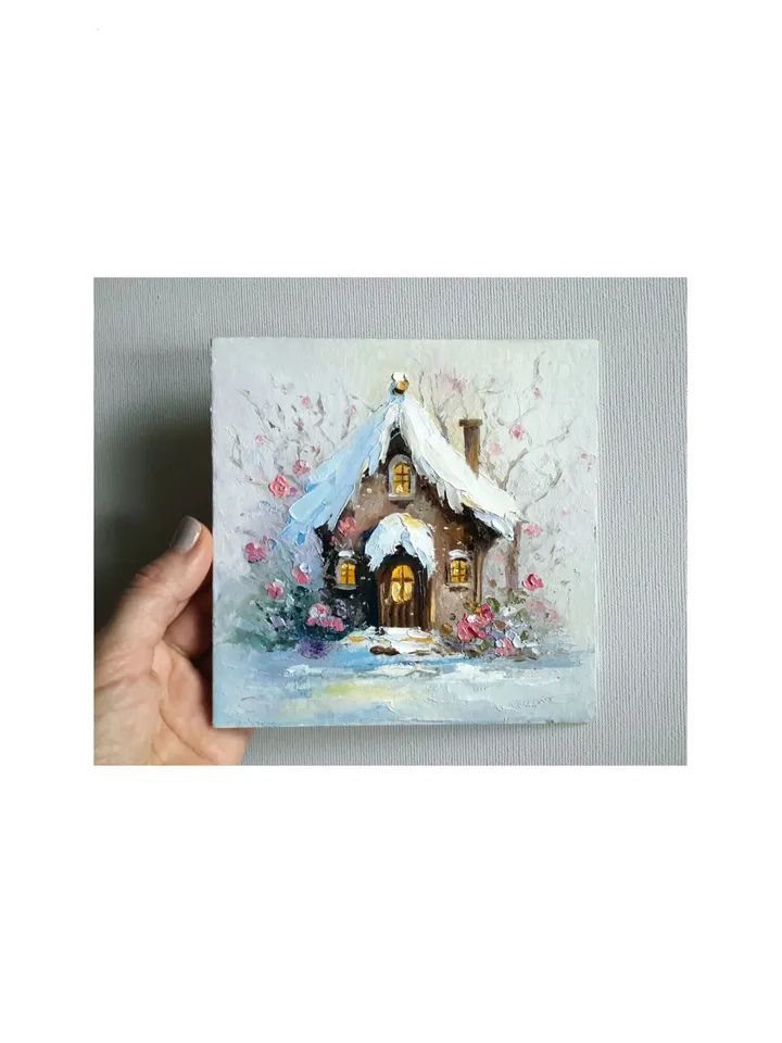 Winter Fantasy House Original Oil Fairy-tale Painting a Cute Christmas Gift.