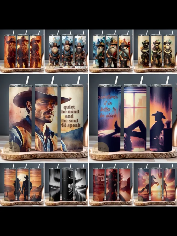 10 Western Cowboy 20 Oz Tumbler Wraps png Bundle, Cowboy and Cowgirl Sublimation Bundle Tumbler Designs png, Cowboy Gnomes Tumbler Wrap png