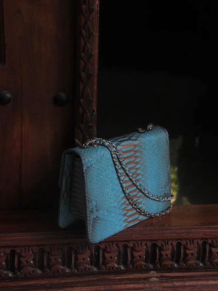 Genuine python skin crossbody blue classy bag| designer women leather handbag | snakeprint bag | crossbody purse | gift for her