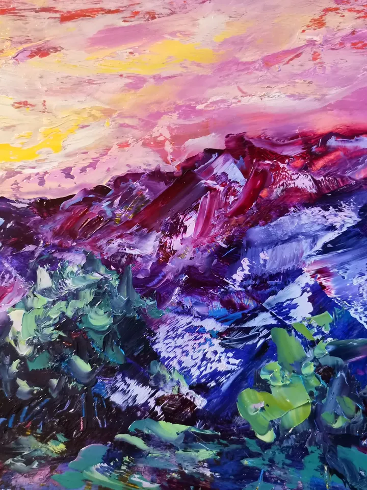 Mountains Waterfall Sunset Boat Original Art Oil Painting Artist Svinar Oksana