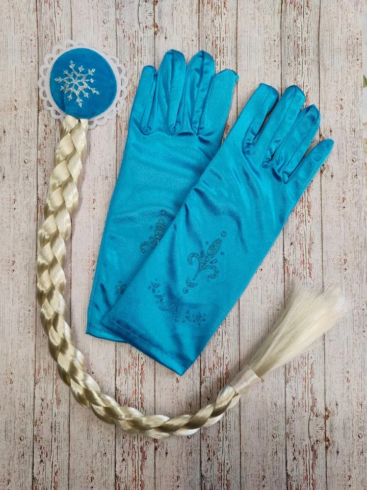 Children's satin gloves, pink, blue, a set of Elsa, Anna, frozen hair, festive set, festival gloves, artificial braid,ice gloves