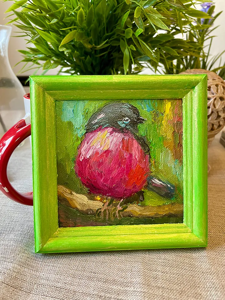 Pink robin painting, original bird oil painting, framed art