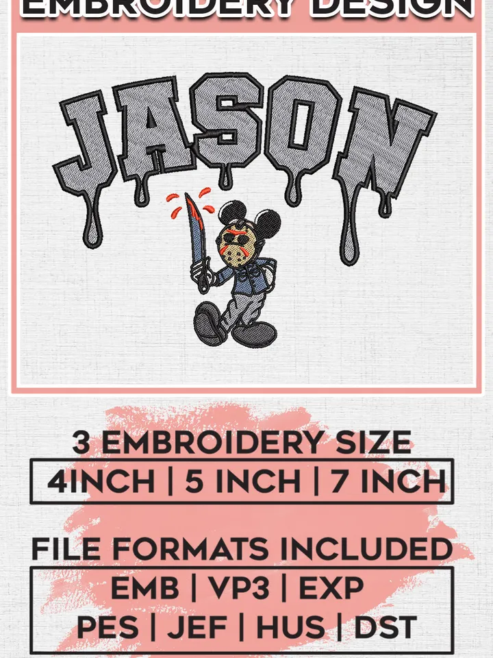 Mickey Jason Voorhees Halloween Drop Name Embroidery designs, Disney Halloween Machine embroidery designs, Horror Character embroidery files, Machine Embroidery Digitized Pes Files, Digital Download