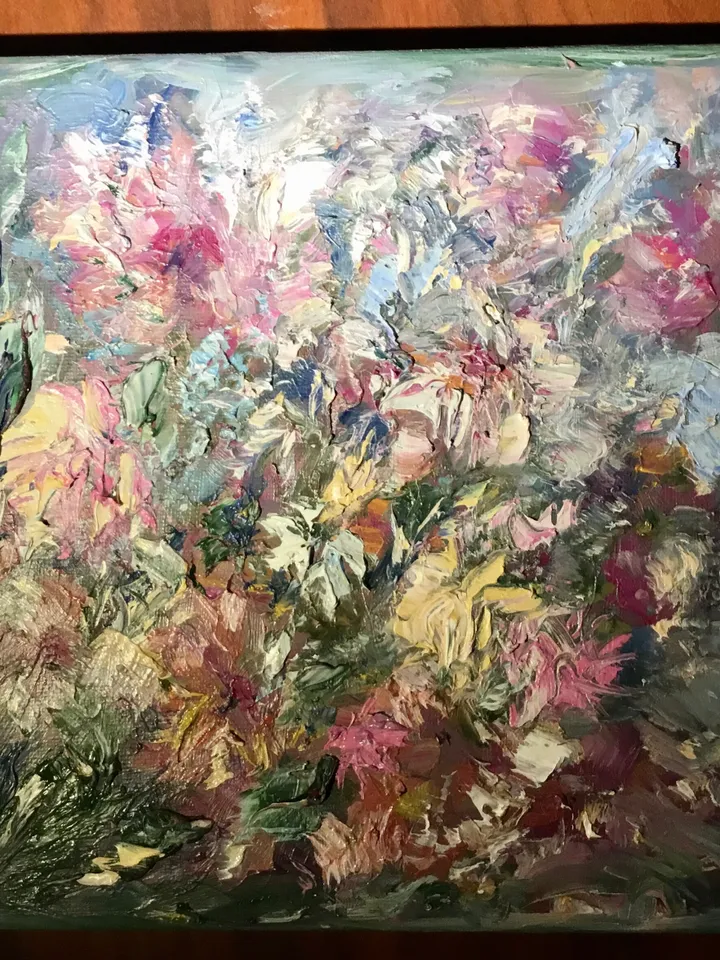 Semi - Abstract pink and yellow flower garden,original impressionistic oil painting on small canvas,unique art gift,home decoration