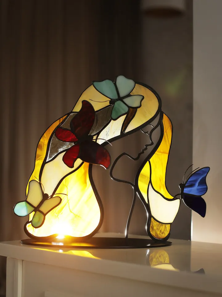 Girl with Butterflies in Her Hair. Tiffany Stained Glass