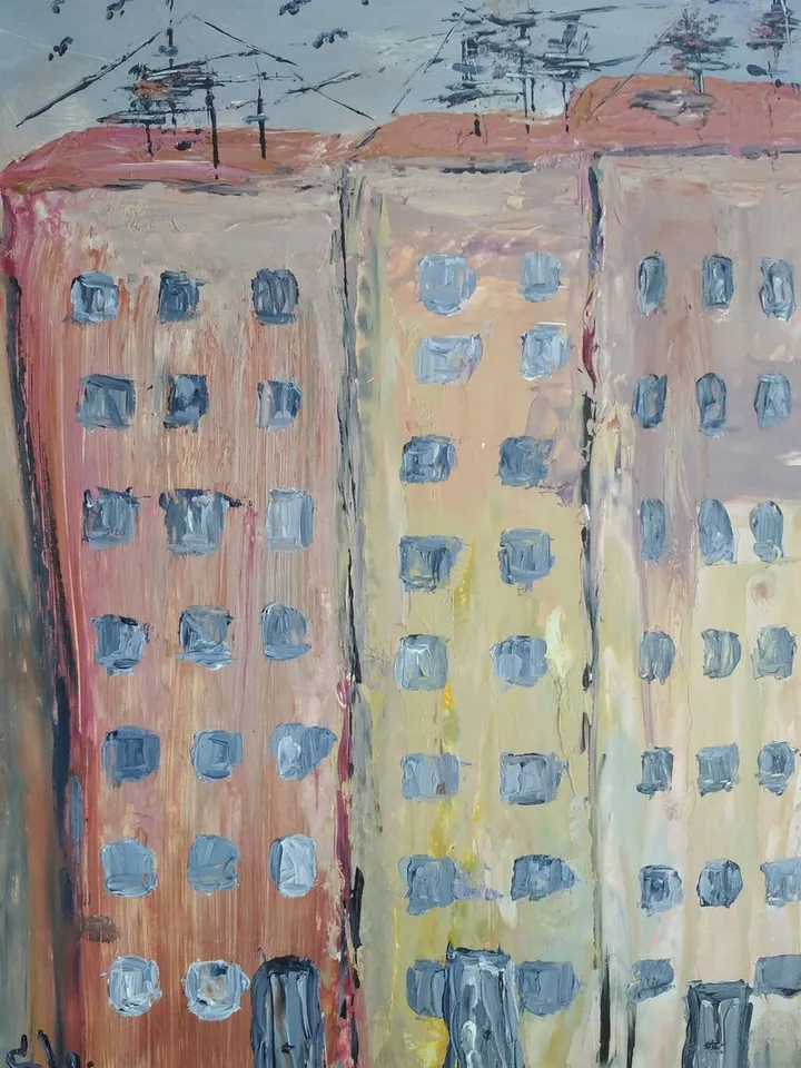 Oil painting City high rises tall buildings street original art handmade cardboard 10x7 inches