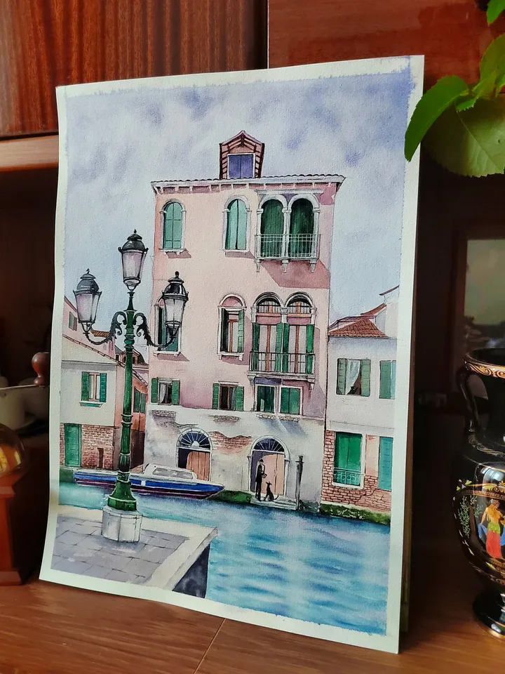 Original Watercolor Painting Urban Landscape Art Pink House Artwork House on Venetian Canal Picture 30x40 cm by SoftWaves