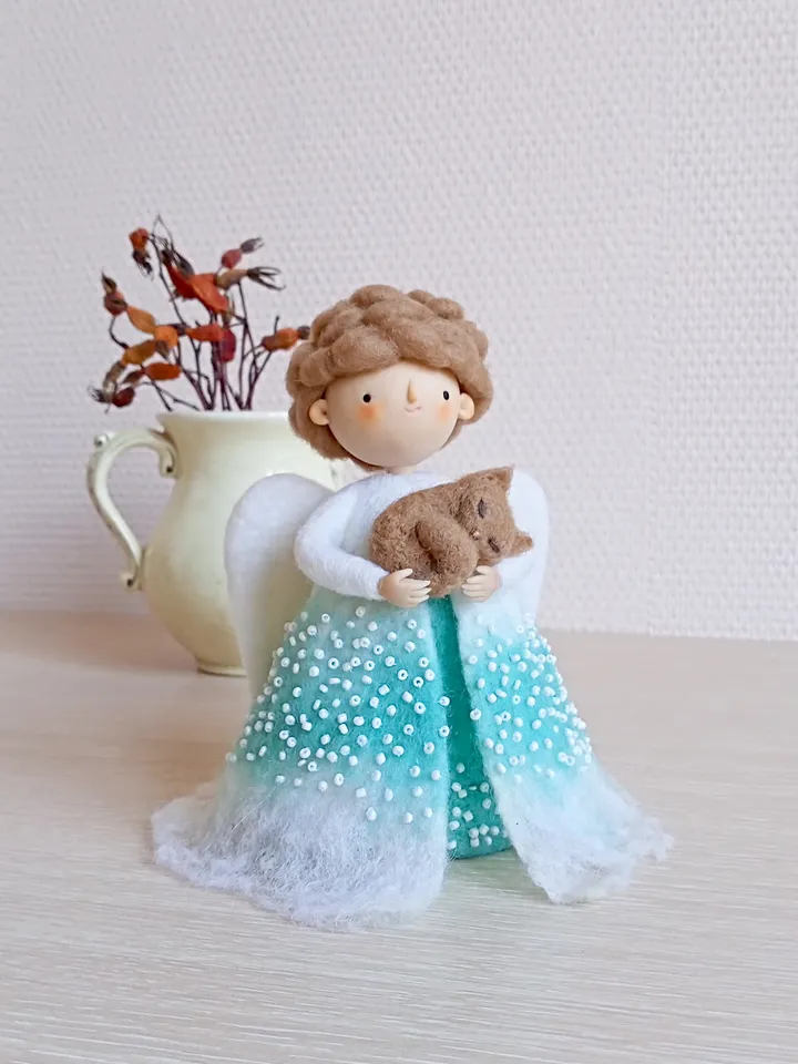 Waldorf inspired angel with cat\OOAK angel figurine\Wool needle felted magic angel art doll\Animal lovers gift\Loss pet gift\Keeper pets