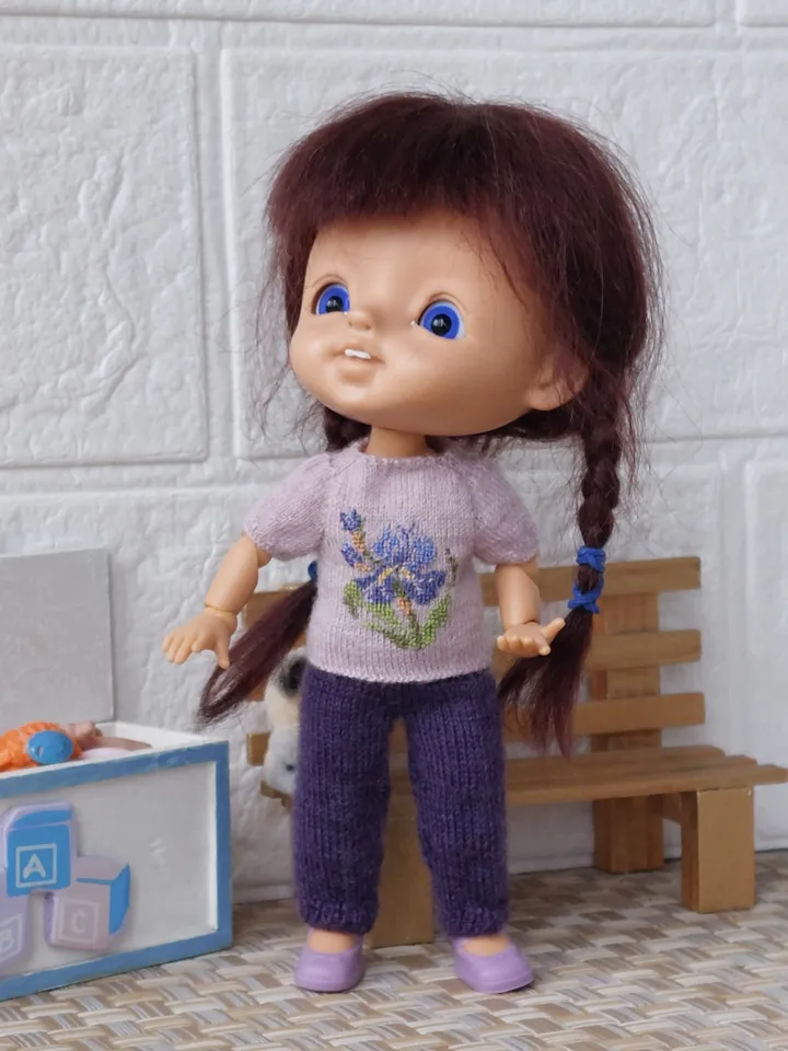 Miniature knitted clothes for doll 4 inches with micro embroidery