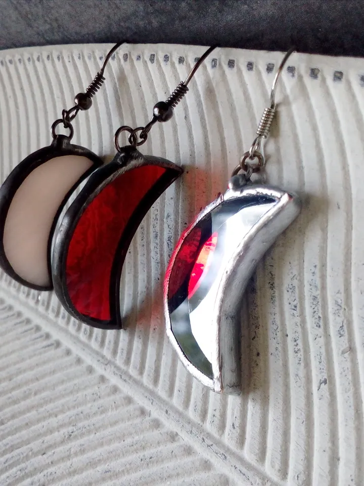 Stained glass crescent earrings, Witchy aesthetic moon Halloween earrings