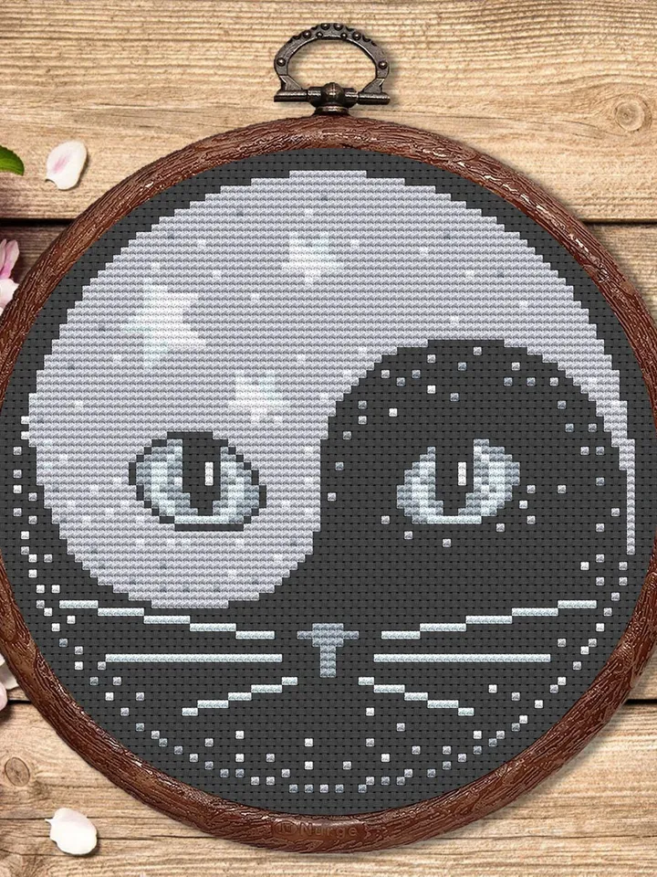 Silver Yin and Yang Cat Cross Stitch Pattern, Cat Cross Stitch Pattern, Embroidery Yin and Yang, Animal Cross Stitch Pattern #cat008