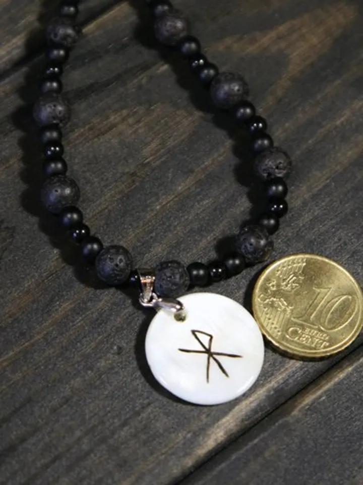 Raven or crow necklace with love rune on the other side. Nacre pearl pendant