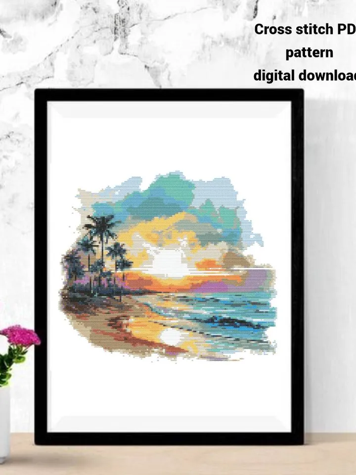 Tropical beach cross stitch PDF pattern, Watercolor landscape embroidery design, Instant download