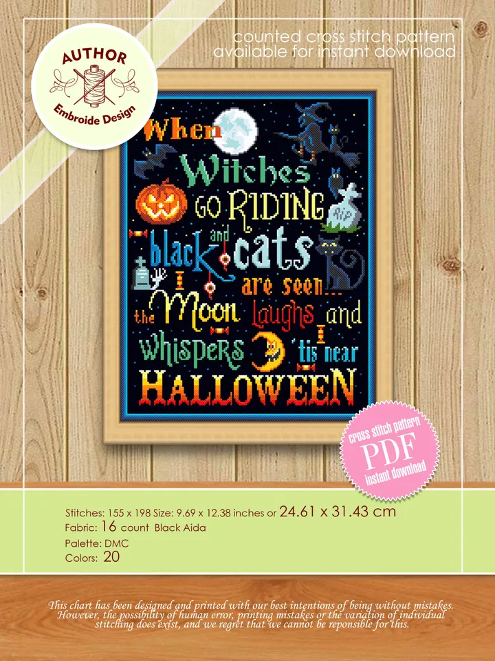 Halloween quotes cross stitch pattern download PDF Horror Halloween night cross stitch Magic xstitch chart Black witch cat embroidery #H18