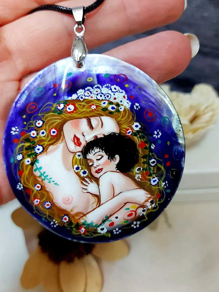 Pendant "Mother and child" Gustav Klimt Mother-of-pearl hand-painted Russian jewelry Summer jewelry fine art jewelry miniature painting