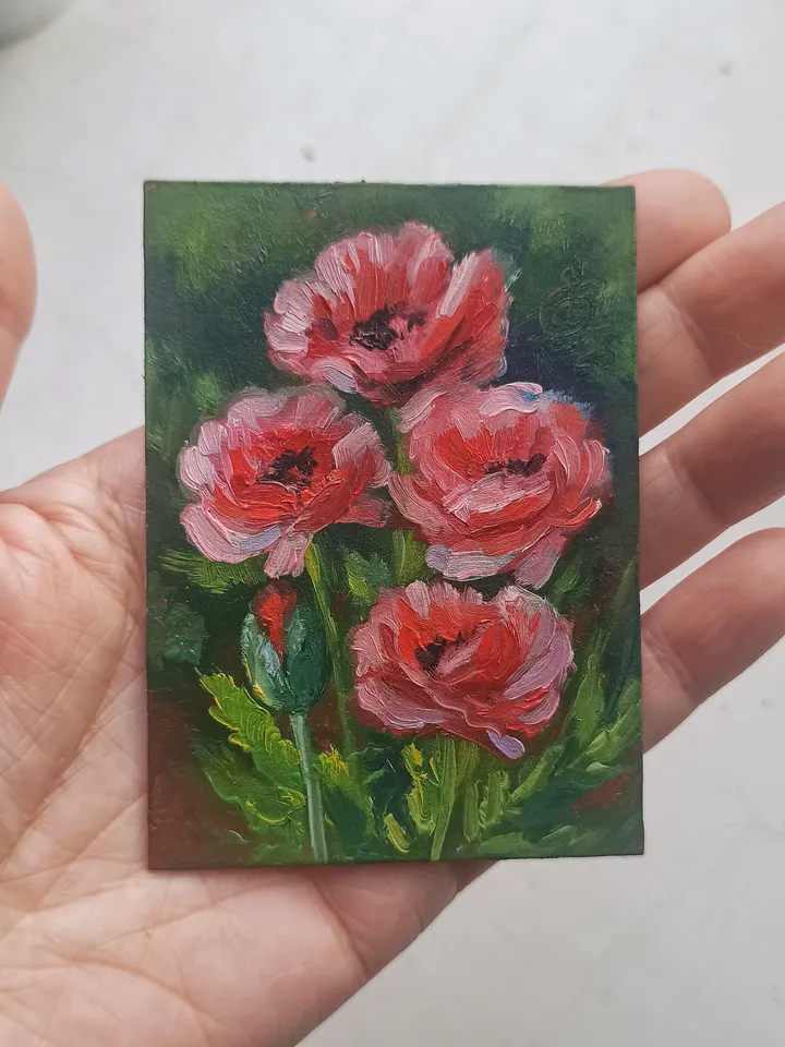 Original oil painting ACEO, Red-pink poppies, Red flowers, Blooming garden, Collection card 2,5x3,5 in