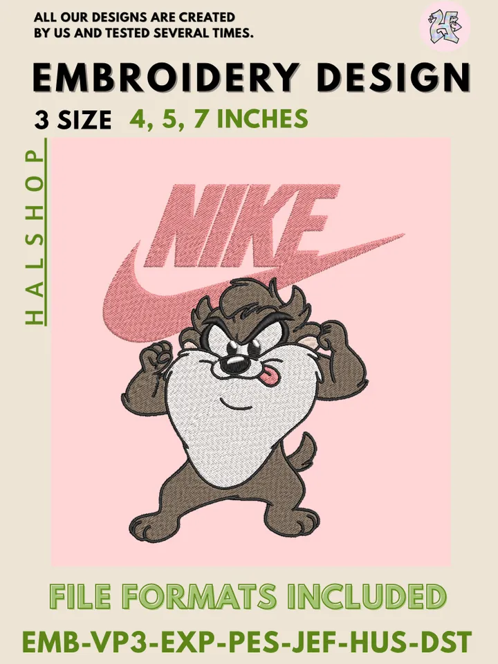 Taz x Nike Swoosh Machine Embroidery Design – Looney Tunes Cartoon Digital Embroidery File 🌪️