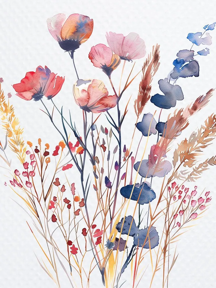 20 Boho Flowers Bouquet PNG Bundle, Minimalistic Flowers Printable Watercolor clipart for sublimation, Wall Art, crafting, junk journals