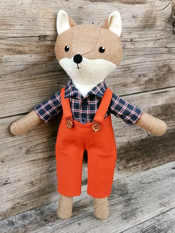 Beige coyote boy, stuffed wool coyote doll, textile plush soft toy