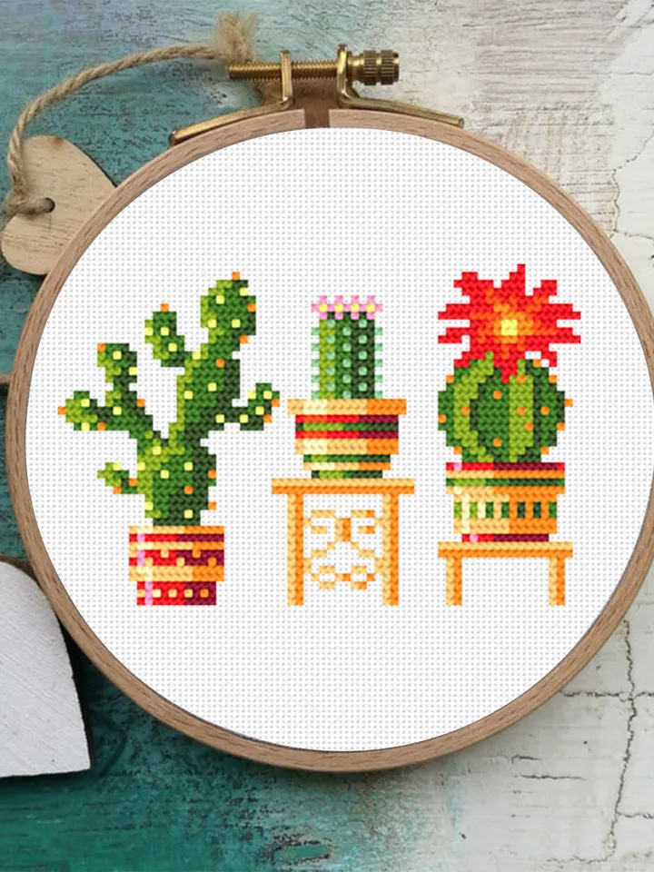 Cactus plant cross stitch pattern download PDF, Floral cross stitch chart, Potted plants embroidery PDF, Easy small cross stitch #P21