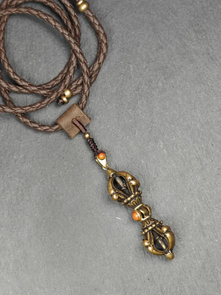Tibetan Vajra Dorje Amulet - Antique Brass Buddha Protective Charm Inlaid with Agate | 2.0 Inches | Spiritual Gift from Tibet