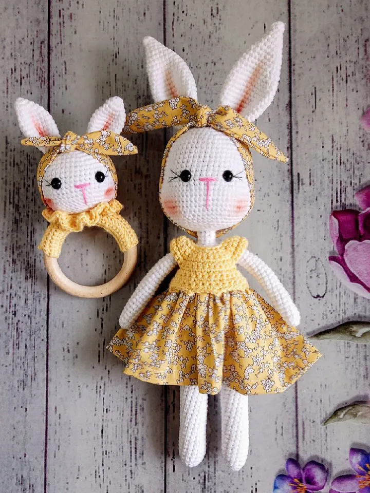 Crochet Bunny Rabbit Personalized Doll, Amigurumi Knitted Rabbit Toy, Newborn Custom Gift Basket, Birthday Gift For Him