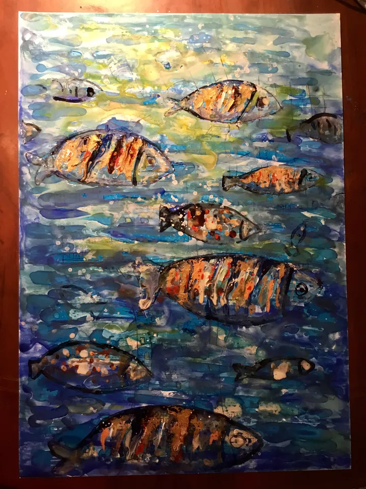 The undersea harmony,poster from original mix media artwork on yupo paper,alcohol inks,watercolor,glass paints ,unique handpainted artwork.