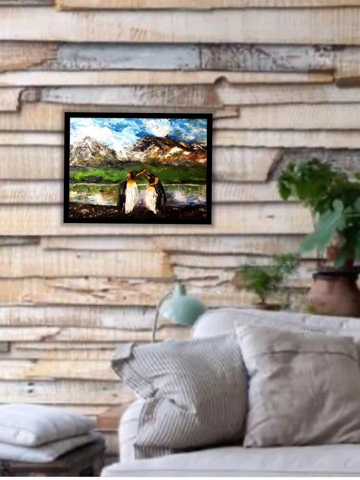 Landscape oil painting.Penguins northern landscape,original oil painting,stretched canvas.