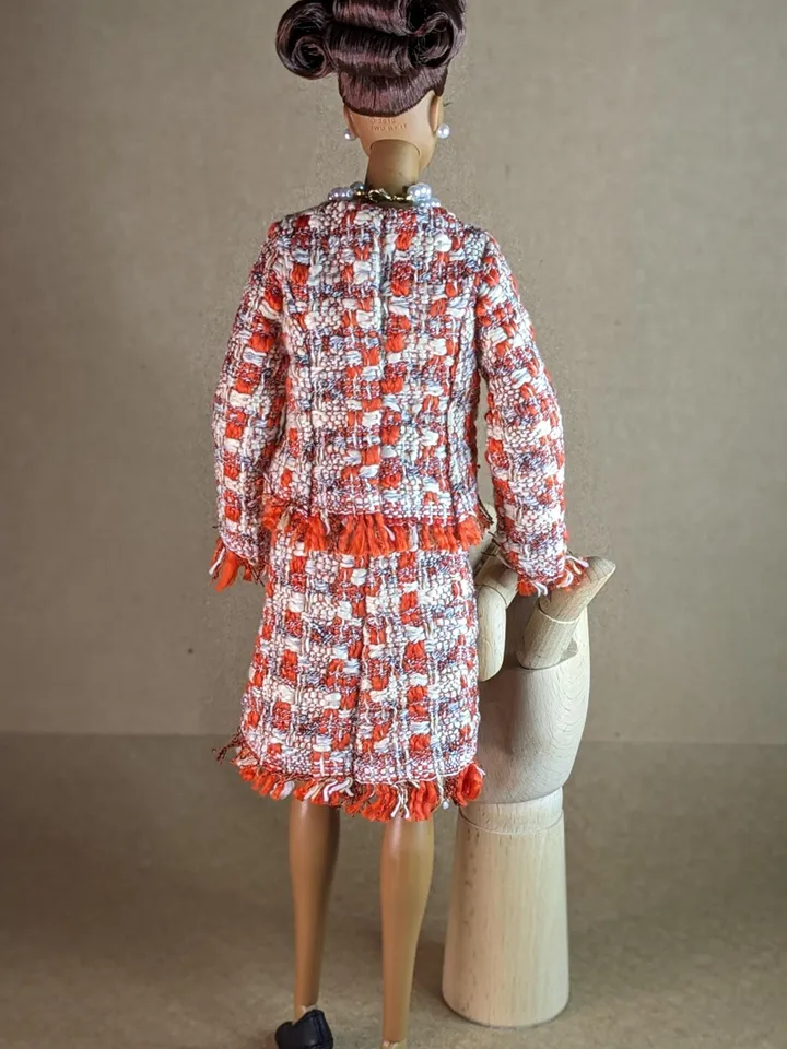 Handmade red & white bouclé suit with pearl clasps for 16-inch Fashion Royalty dolls (FR16)