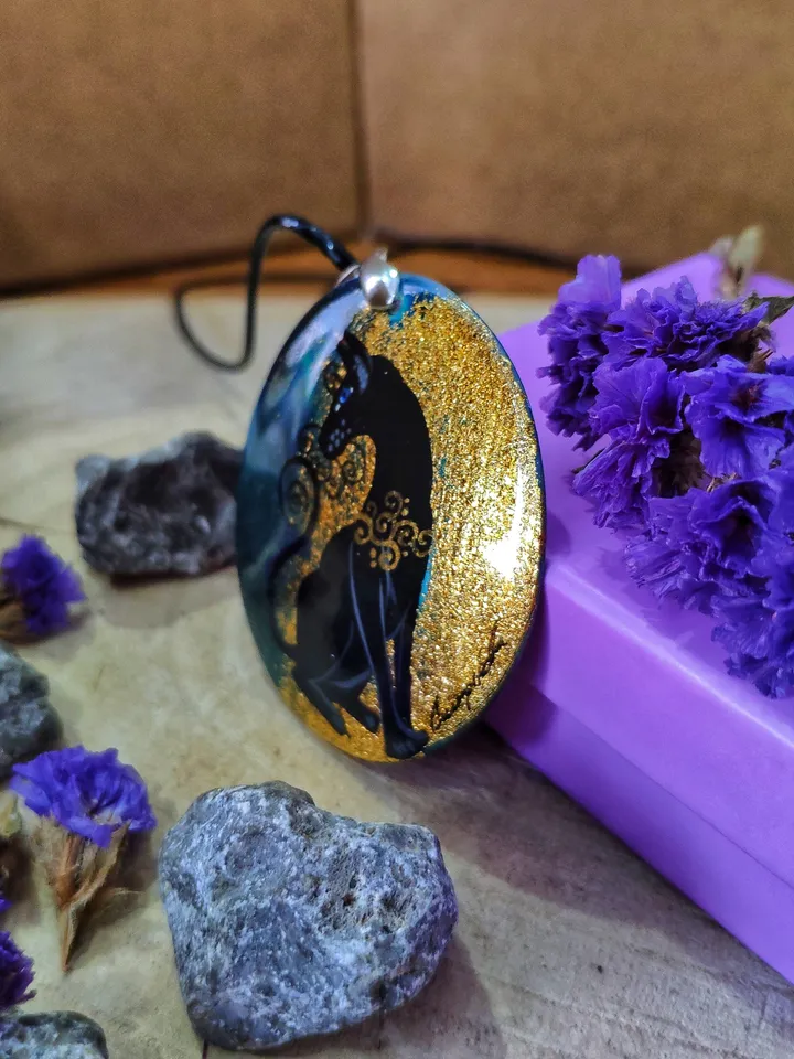 Pearl pendant necklace: Sphunx the black cat painted on handmade pendant • Aesthetic necklace for fall season • graceful cat lover gift