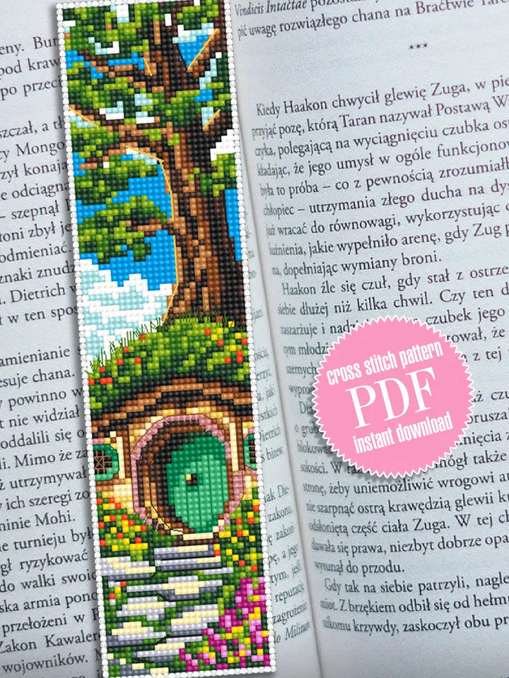 Bookmark Fairy hobbit house cross stitch pattern digital PDF Handmade bookmark embroidery beginners Fairy movie cross stitch chart Green door #B37