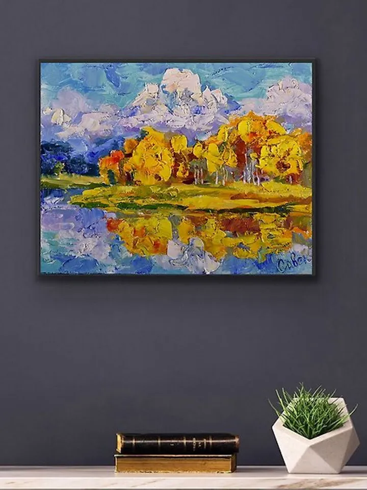 Autumn Landscape Original Painting Lake Mountain Grand Teton National Park