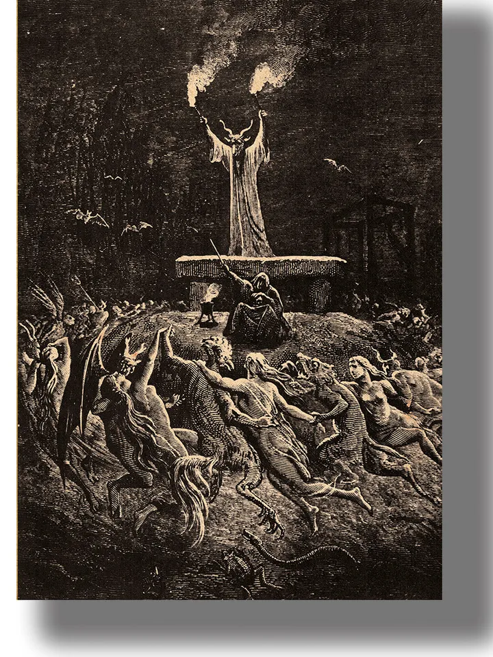 Goat presides over a witches' sabbath. The book "History of Magic" illustration.