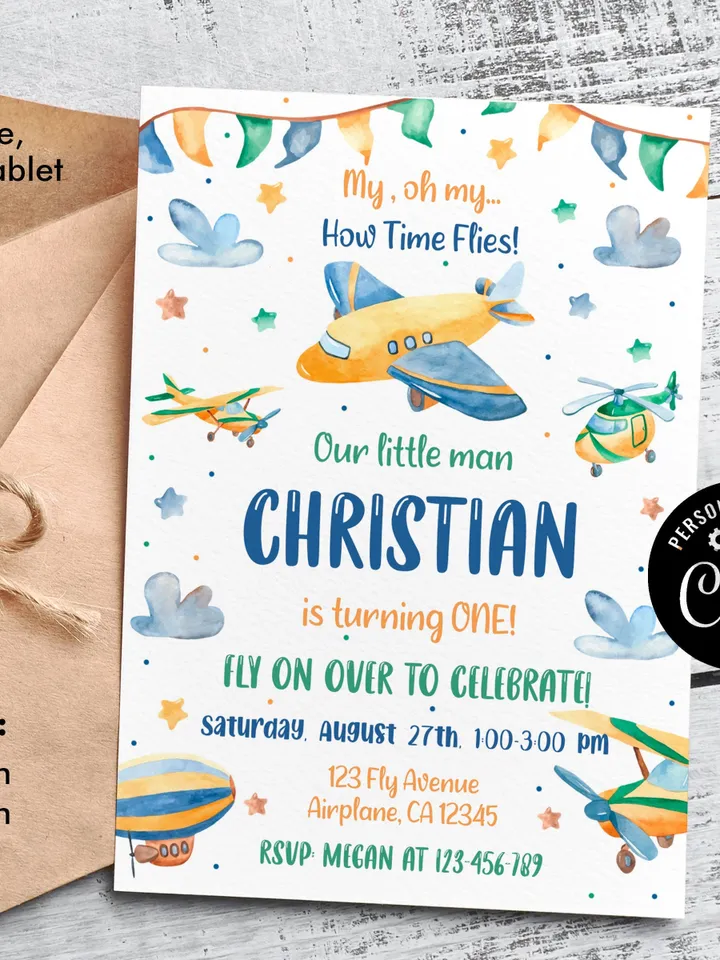 Airplane Birthday Invitation, Airplane Invitation For Boy, Plane Birthday Invitation, First Birthday Boy Instant Download Editable Template