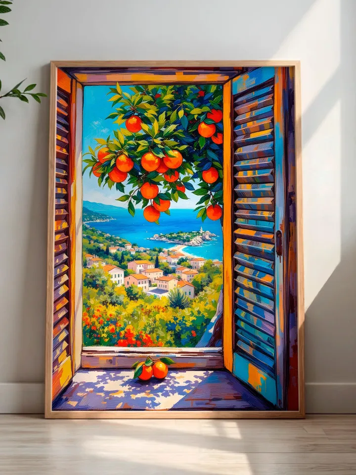 Henri Matisse Inspired Open Window Print Coastal Fauvist Painting Orange Tree View Modern Mediterranean Art Digital Poster Exhibition HMS1