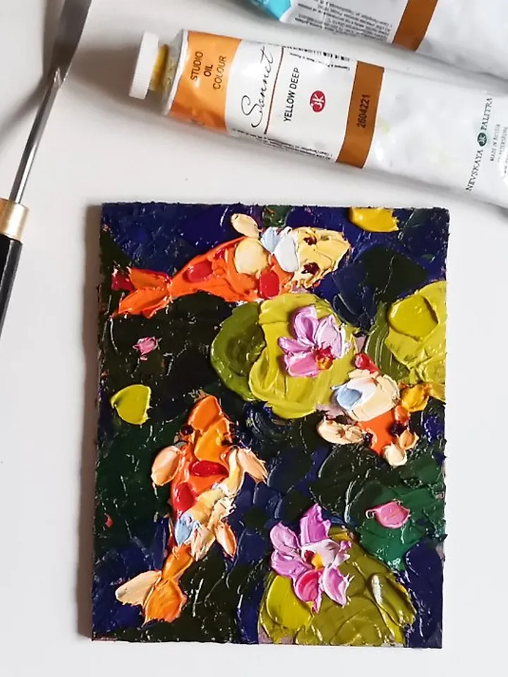 锦鲤 油畫原作 手工油畫 掛畫 油畫 koi Fish Painting Impasto Oil Painting by Verafe
