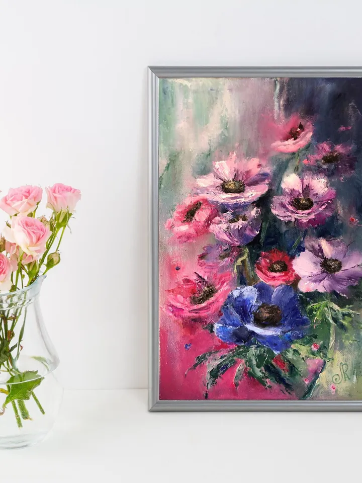 Flowers Original Painting Floral Oil Wall Art Anemones Painting