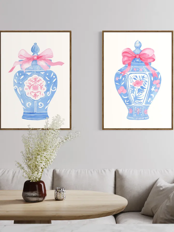 Blue Chinoiserie Vase,Digital Download, Set Of 2, Watercolor Painting With Pink Bow, Pink Ginger Jar, Blue And White Vase