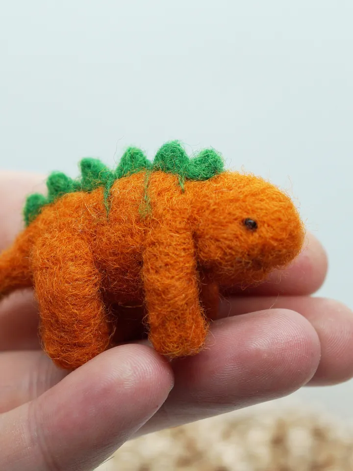 Miniature needle felted stegosaurus dinosaur, orange dinosaur, ready to ship from the USA