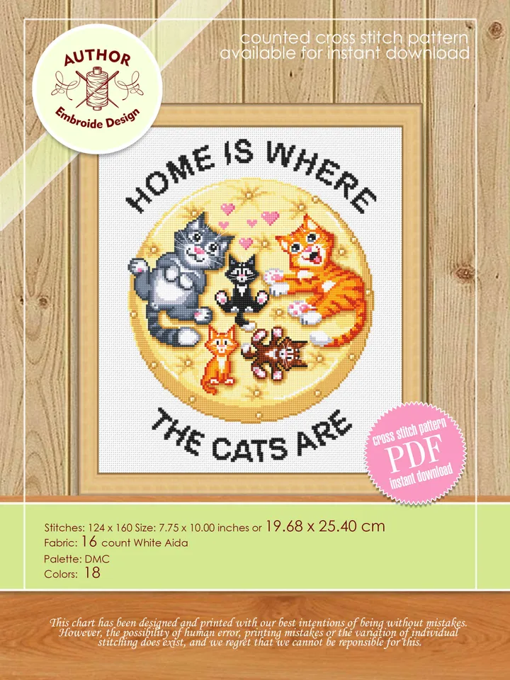 Cat cross stitch pattern download PDF Home is where the cats are, Cat quotes cross stitch chart, Cute kittens embroidery Cat lover gift #K4