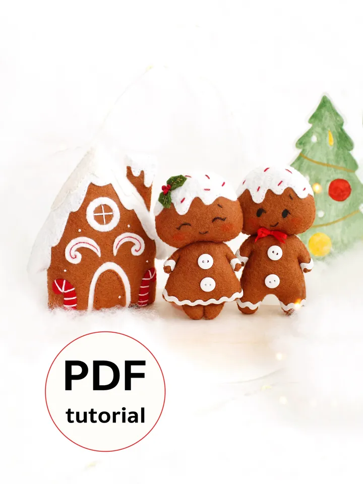 Felt gingerbread boy, girl and house hand sewing PDF tutorial with patterns. DIY Christmas tree ornaments. Soft toy pattern